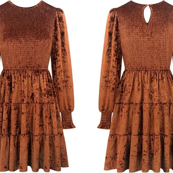 Women's Crushed Velvet Dress Long Sleeve Crew Neck Smocked A-Line Mini - Picture 6 of 6